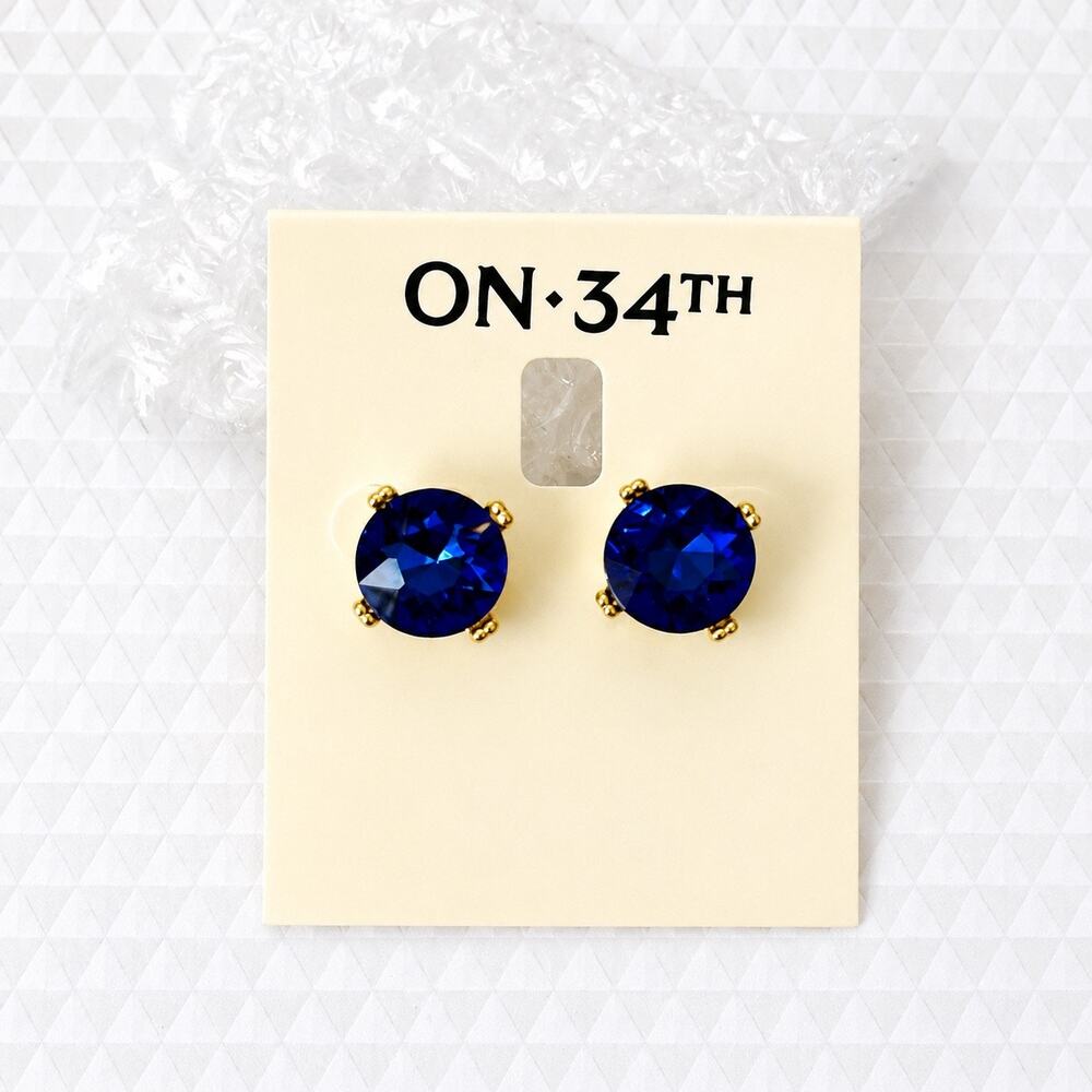 ON 34th Blue Crystal Round Stud Earrings Gold Tone New With Tags